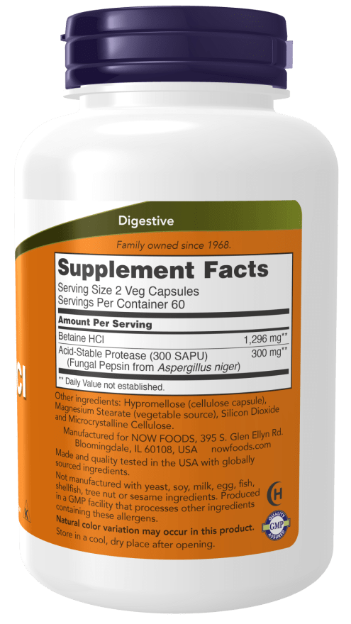 NOW Foods Betaine HCl 648mg 120 vcaps Digestive Enzymes